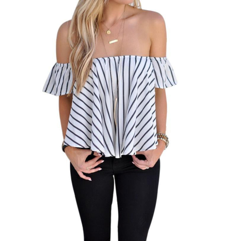 Women Fashion Striped Off Shoulder Tops Ruffles Sleeve Women Blouses Slash Neck Shirts