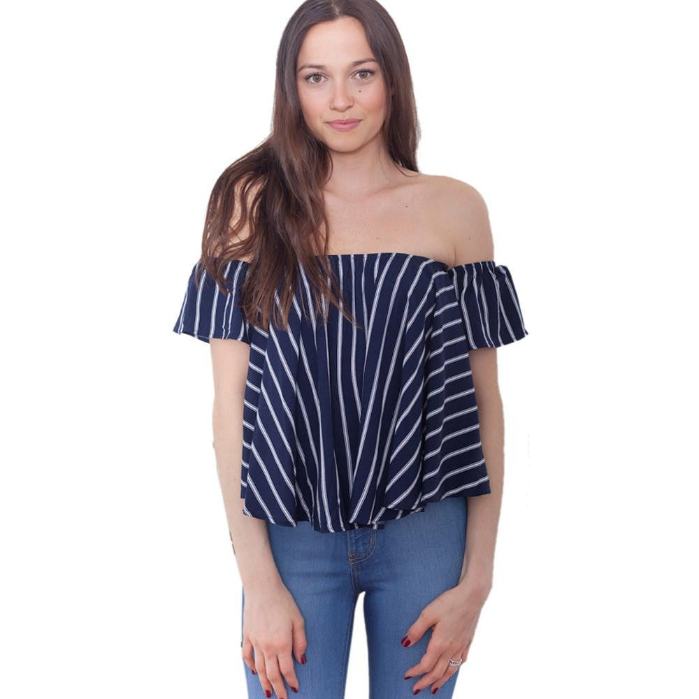 Women Fashion Striped Off Shoulder Tops Ruffles Sleeve Women Blouses Slash Neck Shirts