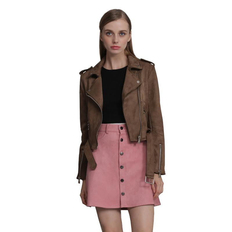 Online discount shop Australia - Bella Philosophy Women new zipper turn-down collar faux suede biker jacket coat khaki gray