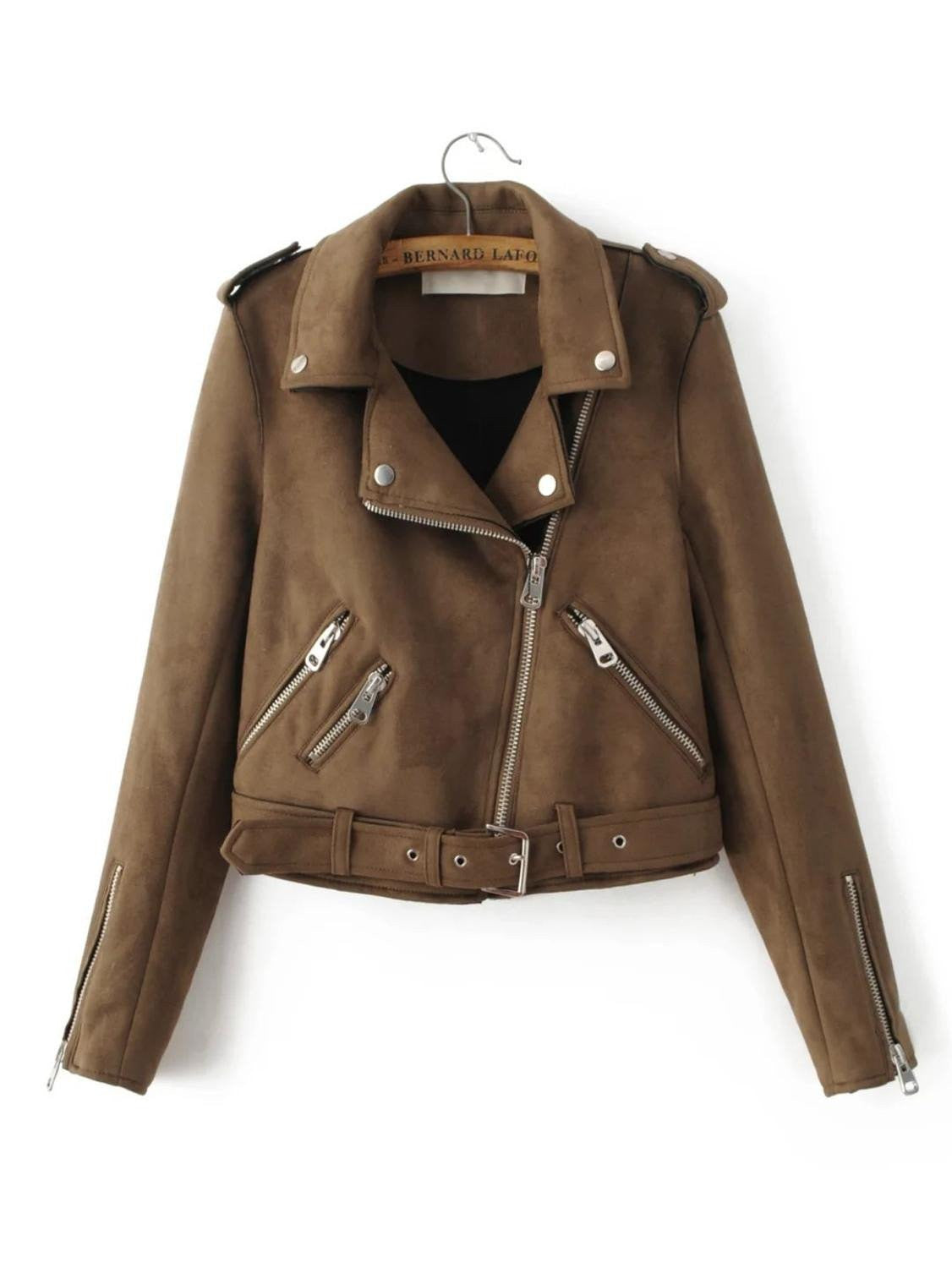 Online discount shop Australia - Bella Philosophy Women new zipper turn-down collar faux suede biker jacket coat khaki gray