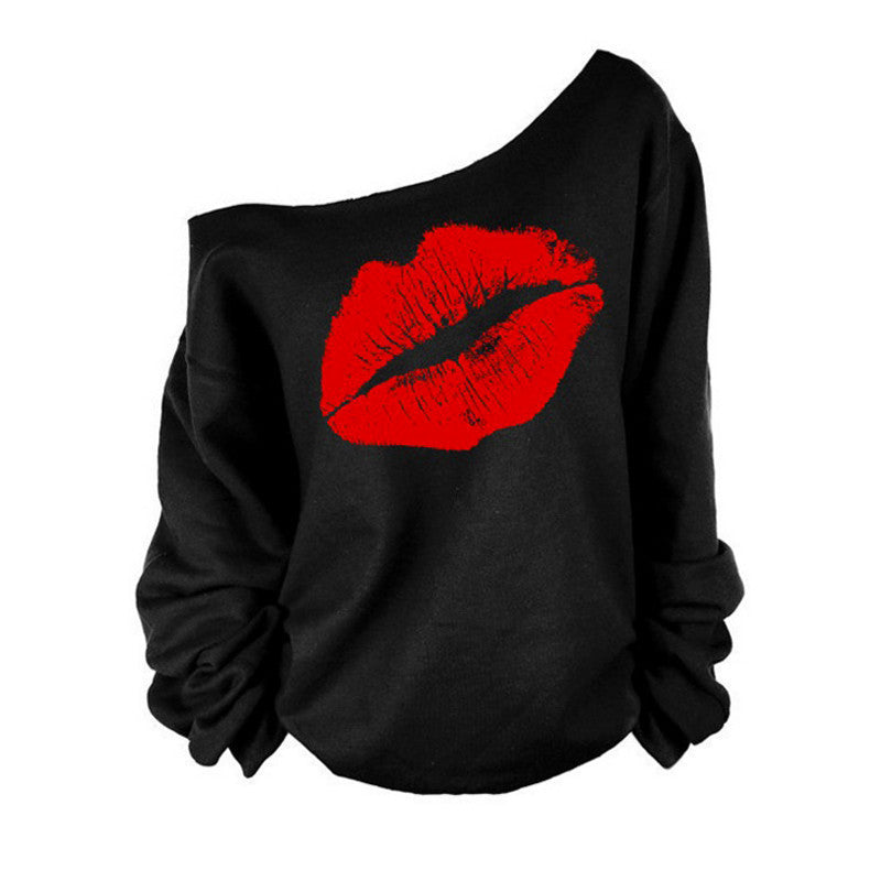 Red White Lips Offset Print Women Tops Long Sleeve Loose Fit Tee Shirts Plus Size Laies Fashion Sweatshirt Arrival