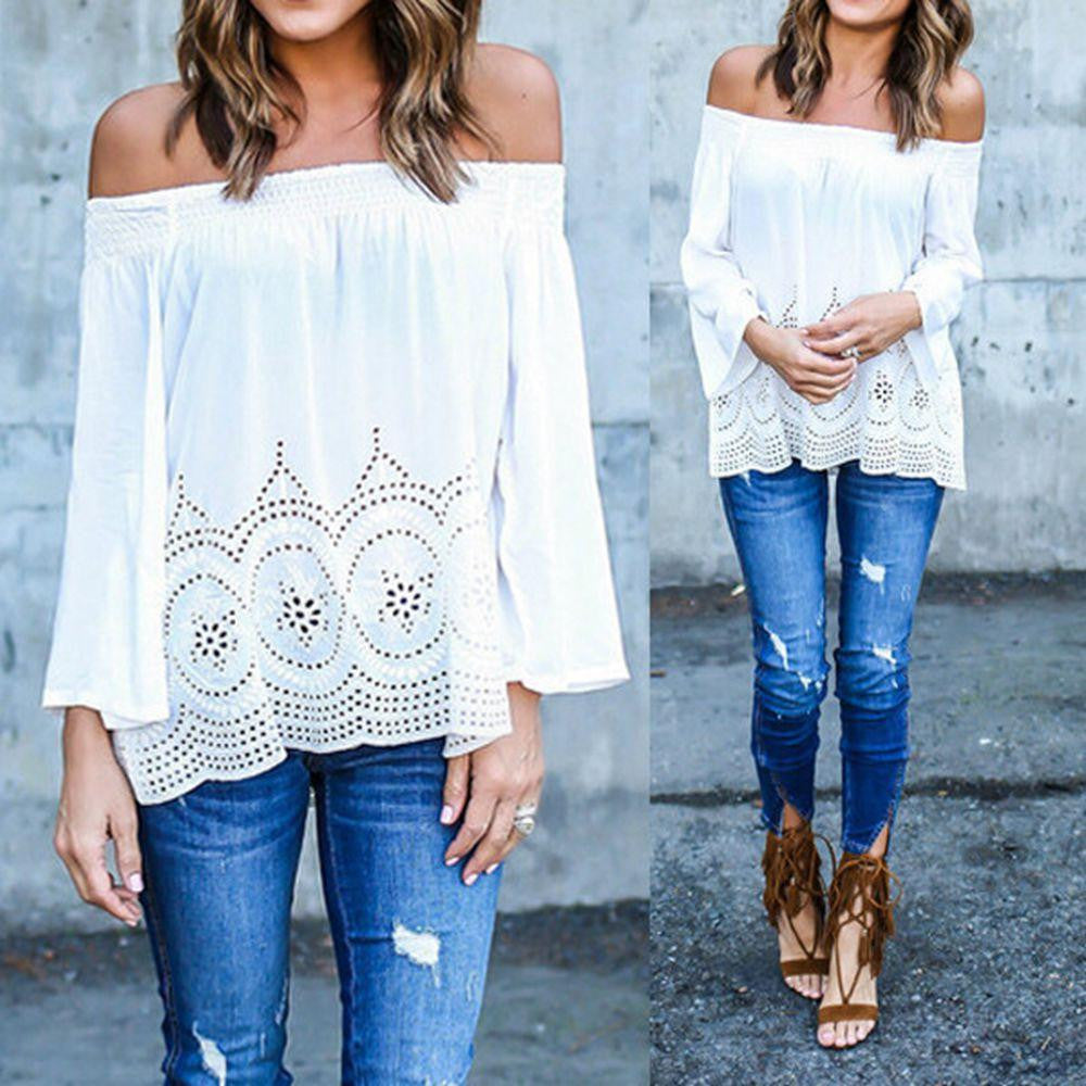 Off Shoulder Women Blouse Casual Elastic Slash Neck Lace Crochet Tops Shirts Plus Size Long Sleeve