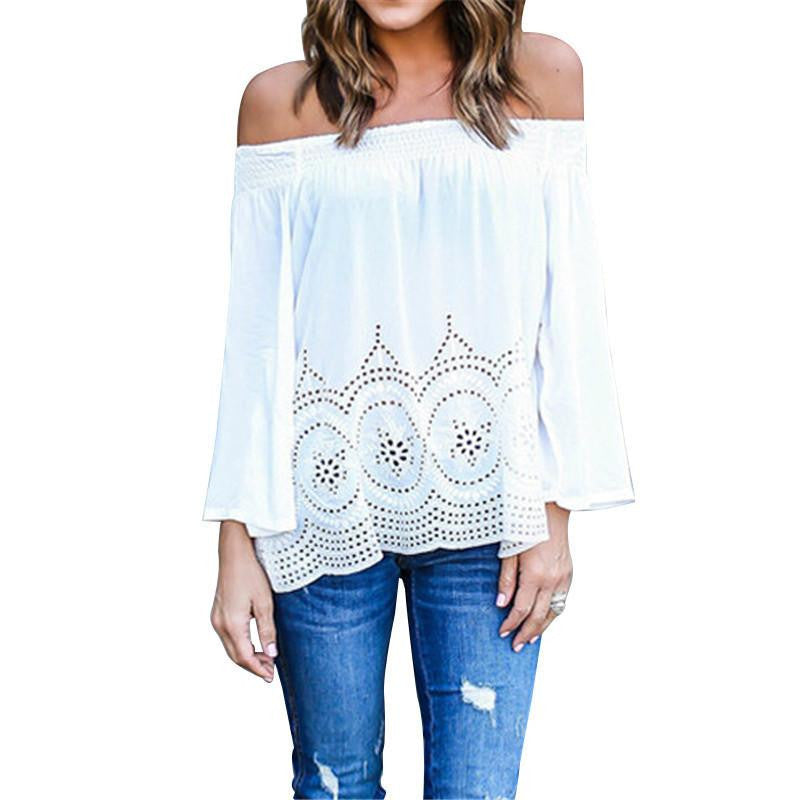 Off Shoulder Women Blouse Casual Elastic Slash Neck Lace Crochet Tops Shirts Plus Size Long Sleeve