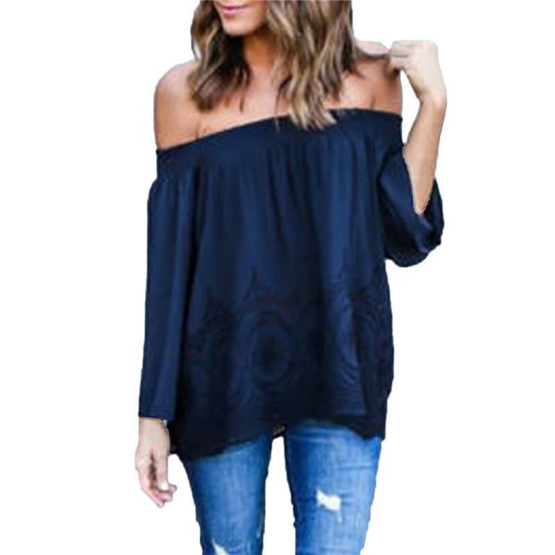 Off Shoulder Women Blouse Casual Elastic Slash Neck Lace Crochet Tops Shirts Plus Size Long Sleeve