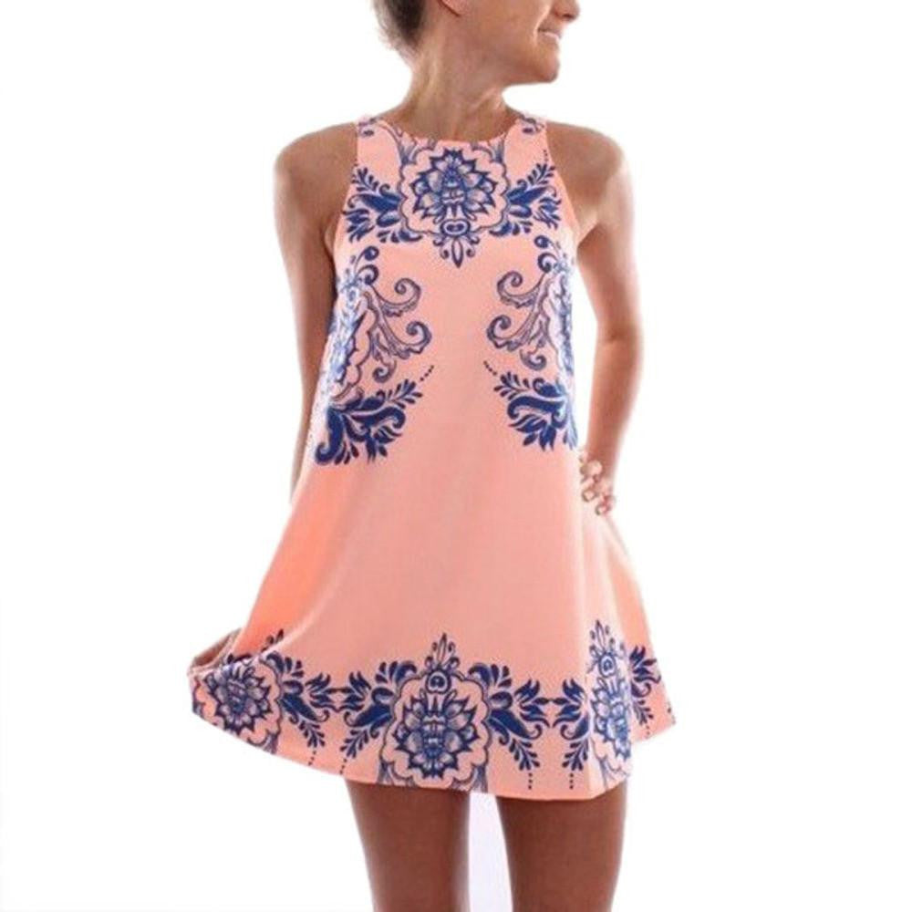 Women Sleeveless Blue And White Porcelain Print Chic Mini Dress Gift KR2