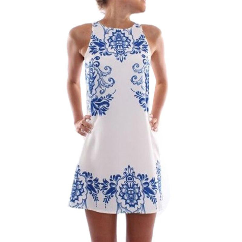 Women Sleeveless Blue And White Porcelain Print Chic Mini Dress Gift KR2
