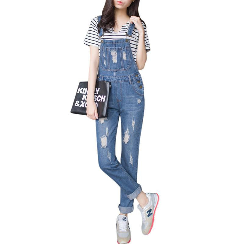 Womens Jumpsuit Denim Overalls Casual Ripped Hole Loose Pants Ripped Pockets Jeans Coverall Casual Retro