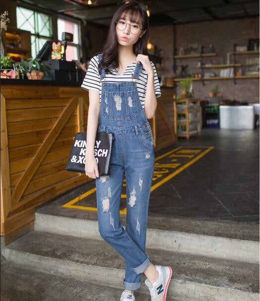 Womens Jumpsuit Denim Overalls Casual Ripped Hole Loose Pants Ripped Pockets Jeans Coverall Casual Retro