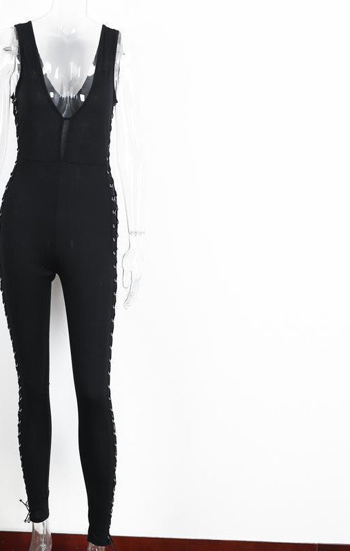 Online discount shop Australia - Deep v neck sleeveless side lace up jumpsuit romper bandage elegant jumpsuit women Long pants slim sexy playsuit