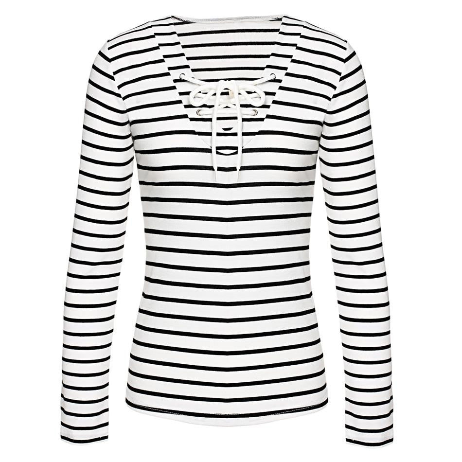 Woman Loose Striped Tops Tees Long Sleeve Black and White Elbow Patch Striped Tee Shirt Basic V-neck T-Shirt