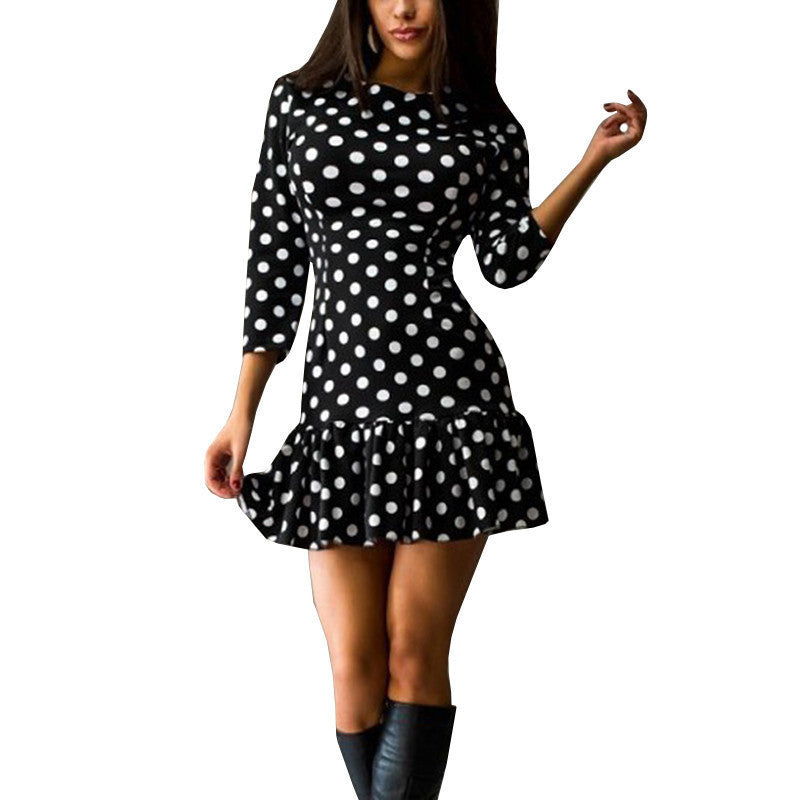 Online discount shop Australia - Dress Women Sexy dresses Three quarter sleeve O-Neck Dot Ruffless sheath Plus size women clothing mini Summer dress style