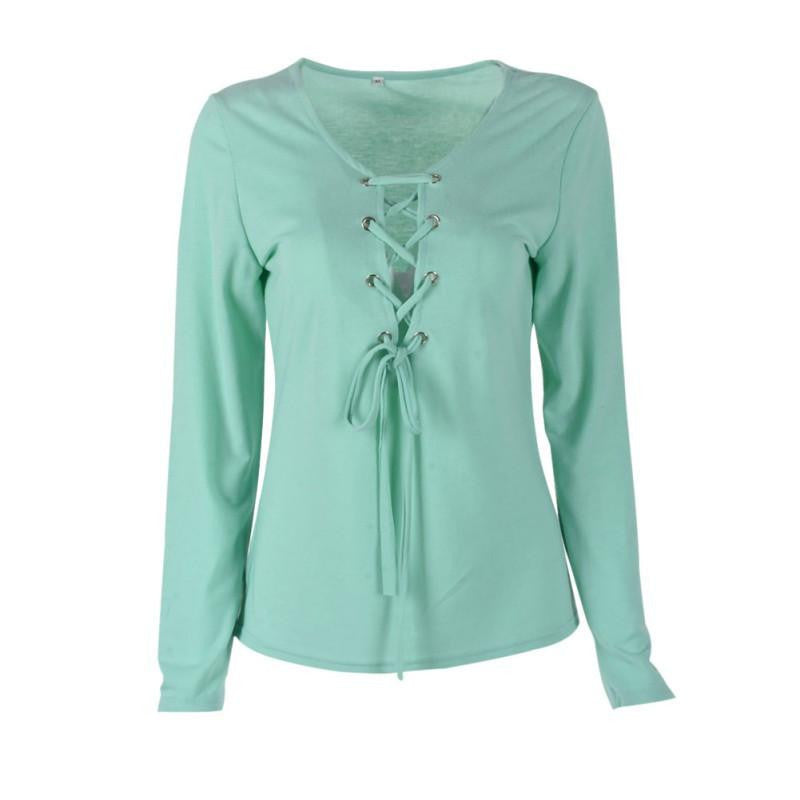 Online discount shop Australia - Fall Casual Women Clothes Bandage Lace Up Long-Sleeve T-shirt Female Sexy Deep V T-shirts Tops 5 Colors