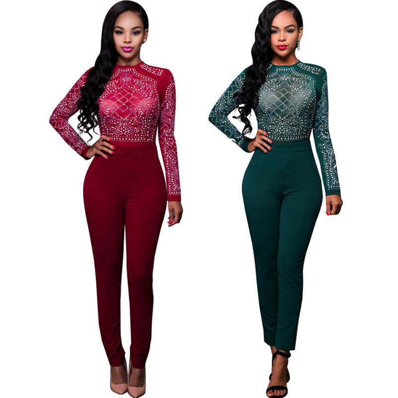 Rhinestone Elegant Women Jumpsuit See Through Mesh Bodysuit Fashion Long Sleeve Clubwear Female Rompers