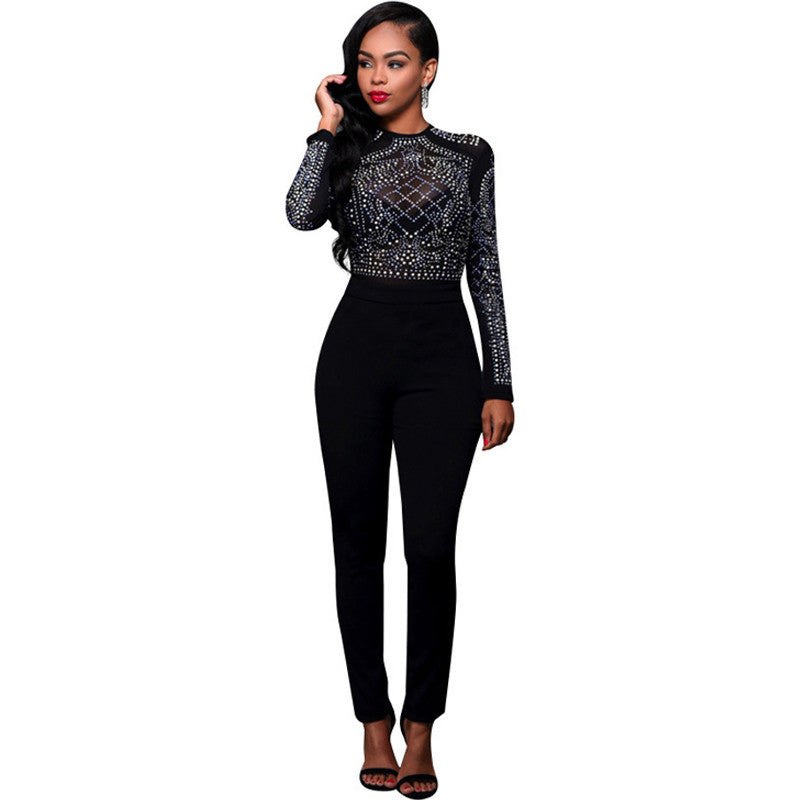 Rhinestone Elegant Women Jumpsuit See Through Mesh Bodysuit Fashion Long Sleeve Clubwear Female Rompers