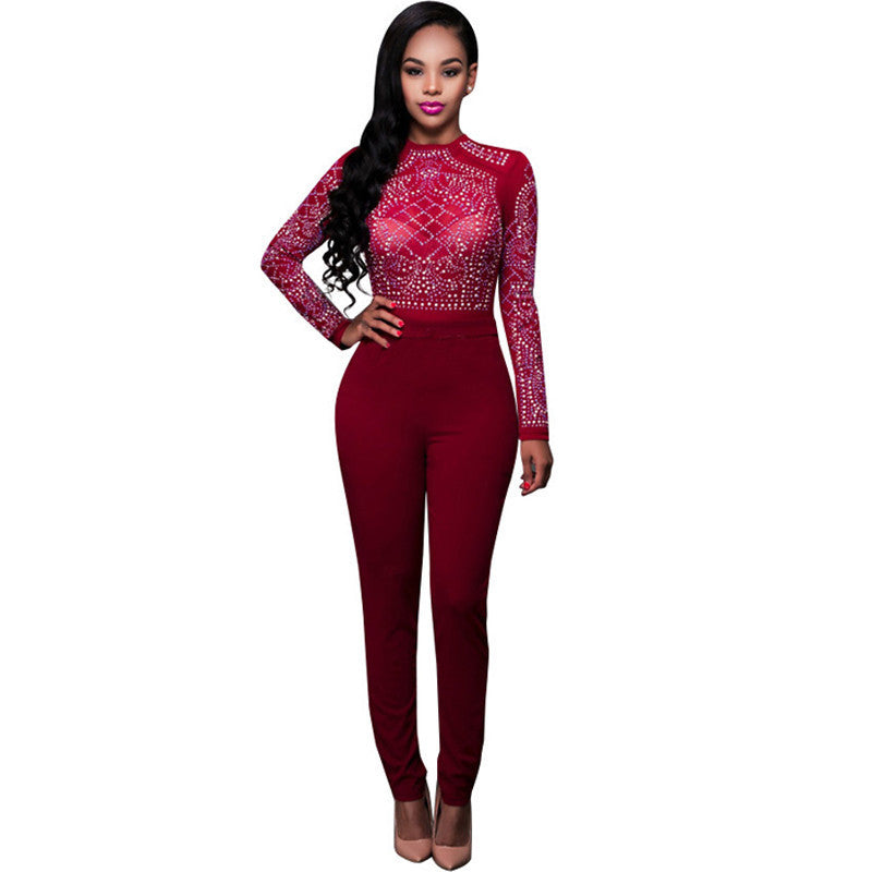 Rhinestone Elegant Women Jumpsuit See Through Mesh Bodysuit Fashion Long Sleeve Clubwear Female Rompers