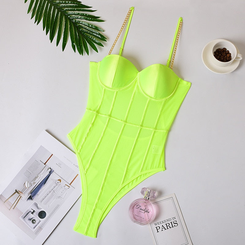 Neon Green Mesh Transparent BodySuit Backless Striped Sleeveless Overalls Party Fashion Spaghelti Strap Rompers New