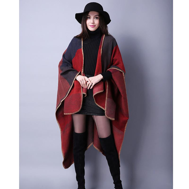 Women Poncho Cashmere Imitation Wool Scarf Embroidery personalized Poncho Block Check Blanket Poncho