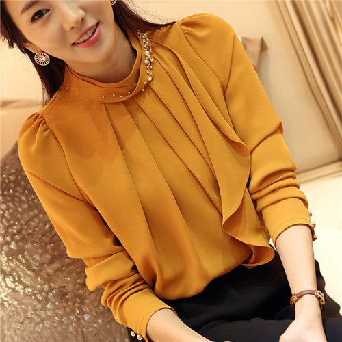 Fashion Long Sleeve Chiffon Blouse Women Stand Neck With Diamonds Solid Plus Size Casual Tops