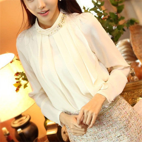 Fashion Long Sleeve Chiffon Blouse Women Stand Neck With Diamonds Solid Plus Size Casual Tops