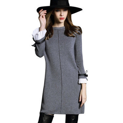 Online discount shop Australia - Autumn Women Dress High quality Butterfly sleeve Knitted Sweater Black&Gray Casual A-line Dress