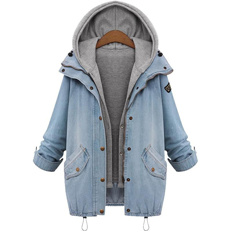 Women Casual Jean Jacket Two Piece Set Denim Jacket Hooded Plus Size Oversized Casual Women Coat Outwear