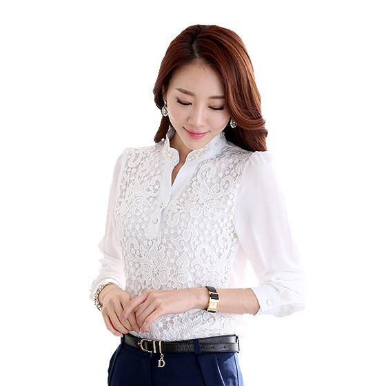 Online discount shop Australia - White Long Sleeve Chiffon Shirt Korean Beading Crochet Lace Blouse Women's Clothing 602F15