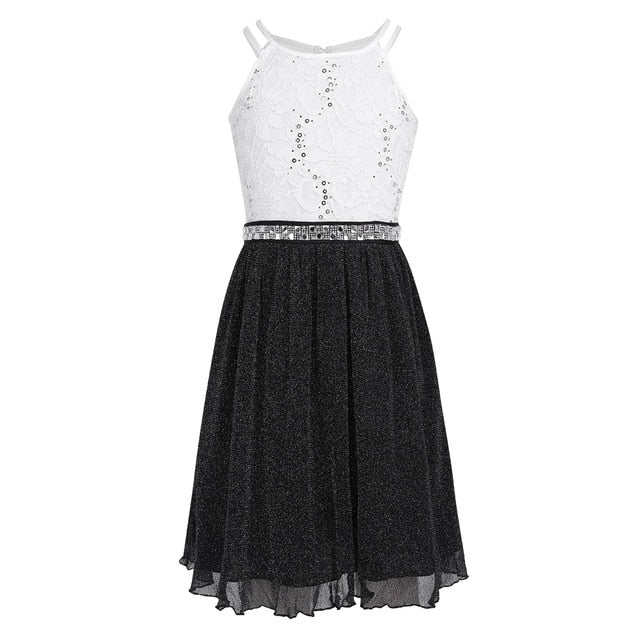 Kids Girls Sleeveless Sequined Floral Lace Shiny Princess Tulle Dress for Birthday Party Summer Prom Clothes