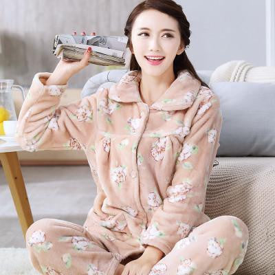 women flannel thick pajamas coral velvet home service long sleeved and size suit lovely women