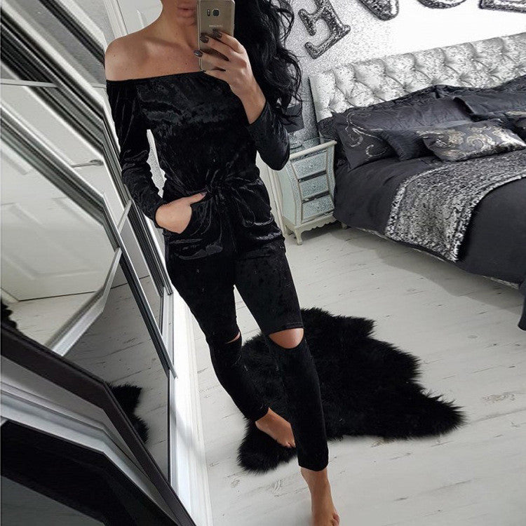 Online discount shop Australia - Elegant Off Shoulder Velvet Jumpsuit Women Slim Overalls Rompers Casual Long Pants Ladies Jumpsuits Romper 5 Colors GV442