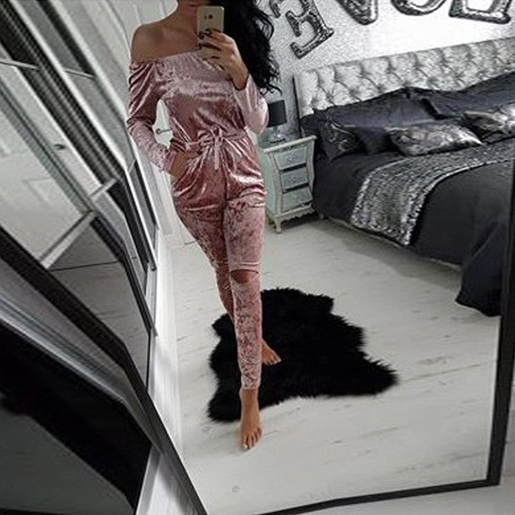 Online discount shop Australia - Elegant Off Shoulder Velvet Jumpsuit Women Slim Overalls Rompers Casual Long Pants Ladies Jumpsuits Romper 5 Colors GV442