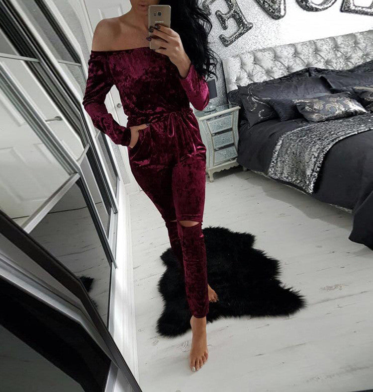 Online discount shop Australia - Elegant Off Shoulder Velvet Jumpsuit Women Slim Overalls Rompers Casual Long Pants Ladies Jumpsuits Romper 5 Colors GV442