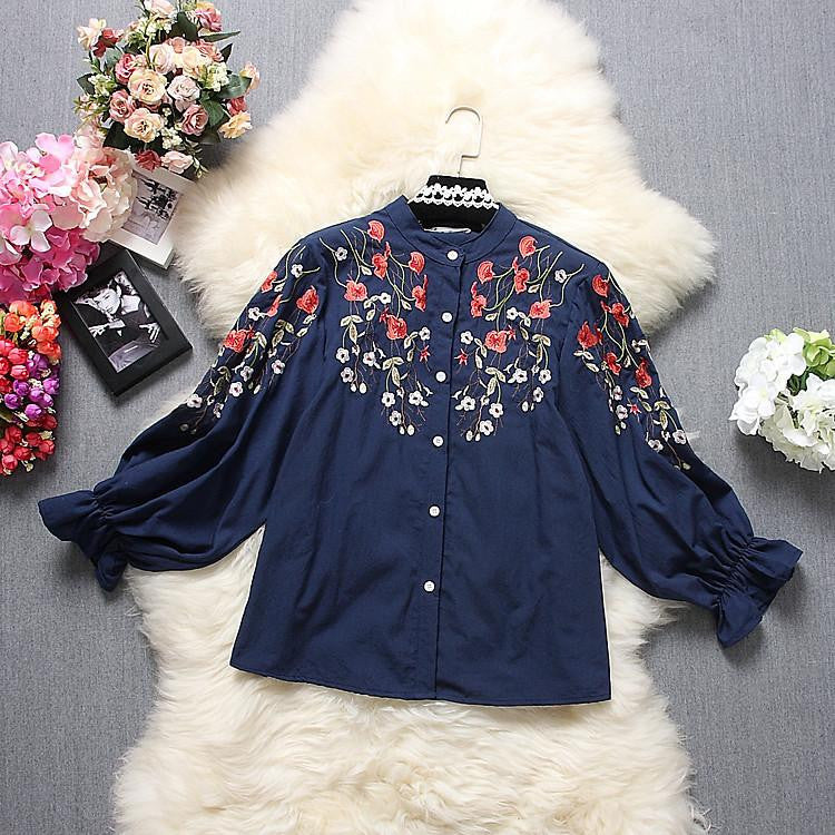 Women Floral Shirts Long-sleeved Embroidered Flowers Girls Sweet Cotton Shirts Good