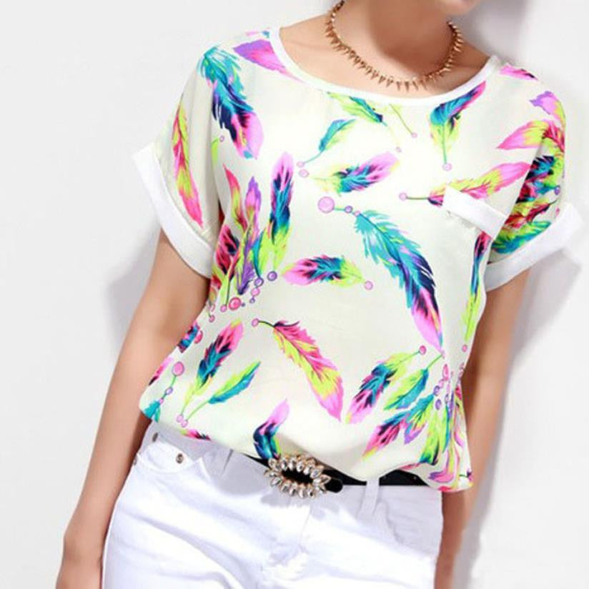 Women Bird Feathers Colorful Chiffon blouse shirt lady fashion Batwing short sleeve Loose Blouse