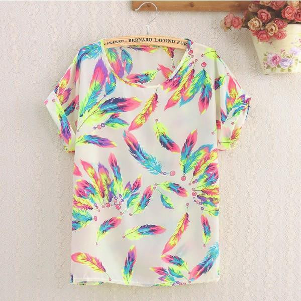 Women Bird Feathers Colorful Chiffon blouse shirt lady fashion Batwing short sleeve Loose Blouse