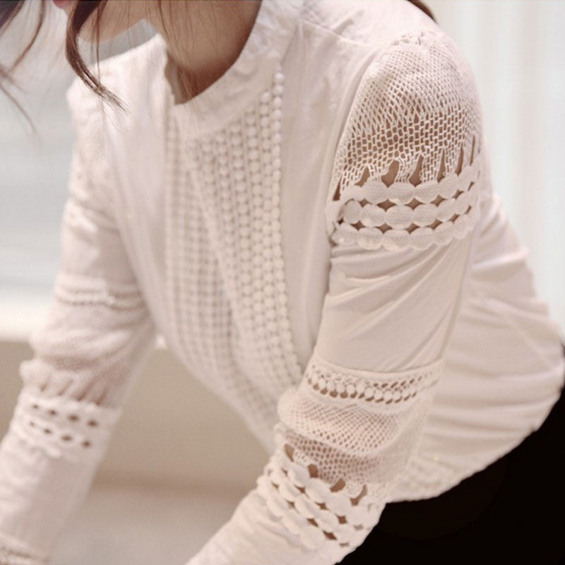 Online discount shop Australia - Fashion Elegant White Lace Crochet Hollow Out Blouse Women Cotton Blend Shirt Puff Sleeve Tops Bluse camisa feminina T57349
