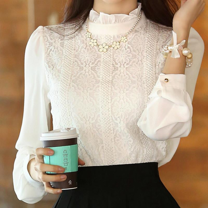 White Lace Blouse Chiffon Women Blouses Clothes Stand Long Sleeve Ladies Office Shirts