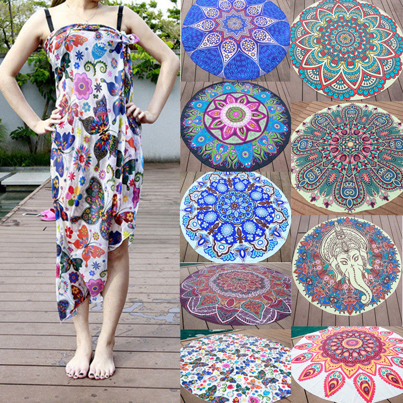 Retro Floral Printed Round Mandala Tapestry Wall Hanging Boho Beach Throw Towel Yoga Mat 145cm