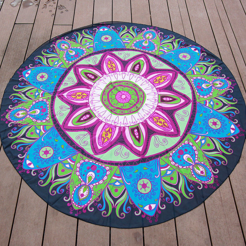 Retro Floral Printed Round Mandala Tapestry Wall Hanging Boho Beach Throw Towel Yoga Mat 145cm