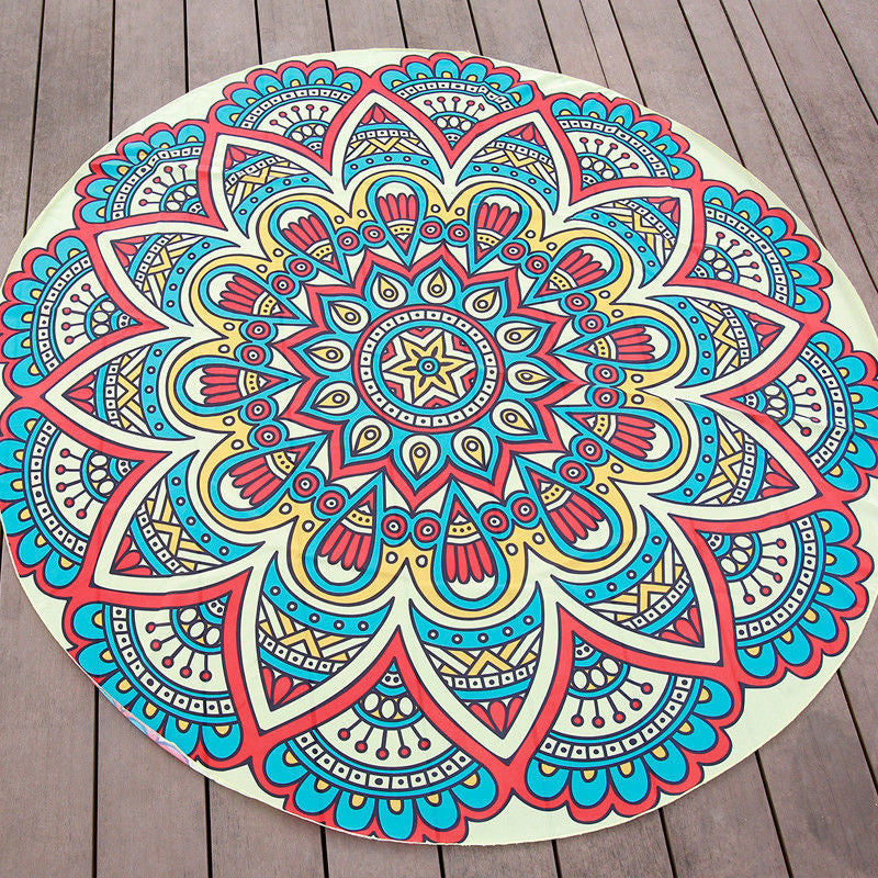 Retro Floral Printed Round Mandala Tapestry Wall Hanging Boho Beach Throw Towel Yoga Mat 145cm