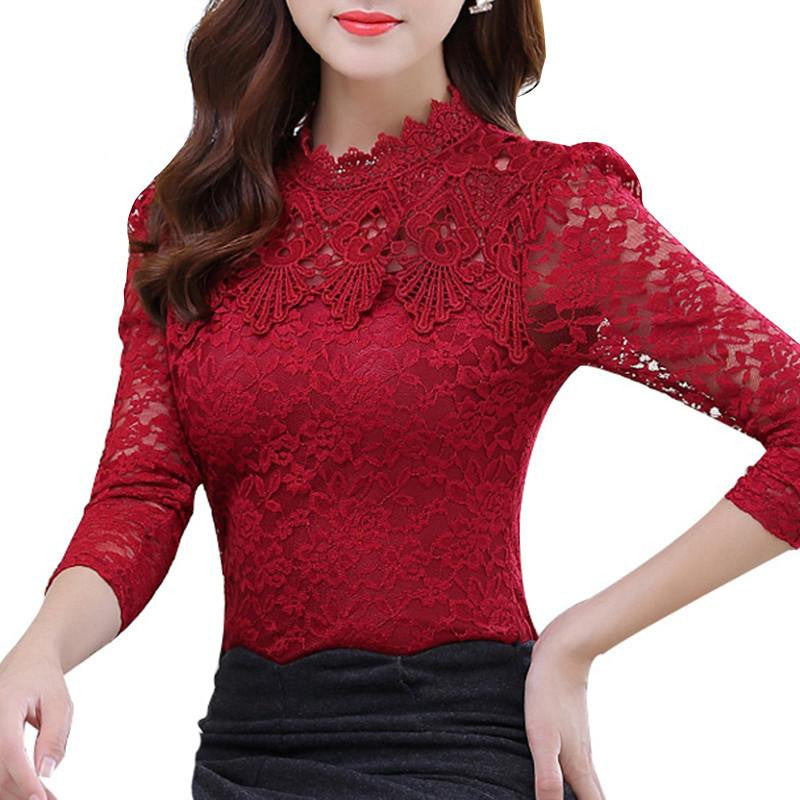 Women Tops Fashion Lace Blouse Long Sleeve Slim Body Floral Shirt Elegant Plus Size Lace Top
