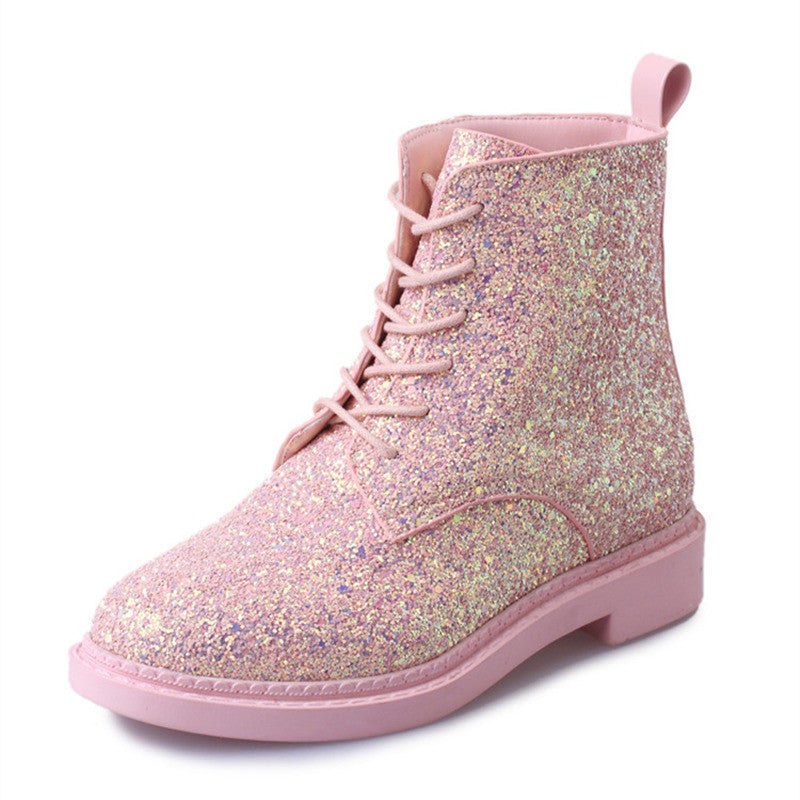 influx of European and American sequined lace PU low cylinder boots Martin boots Korean female fashion round
