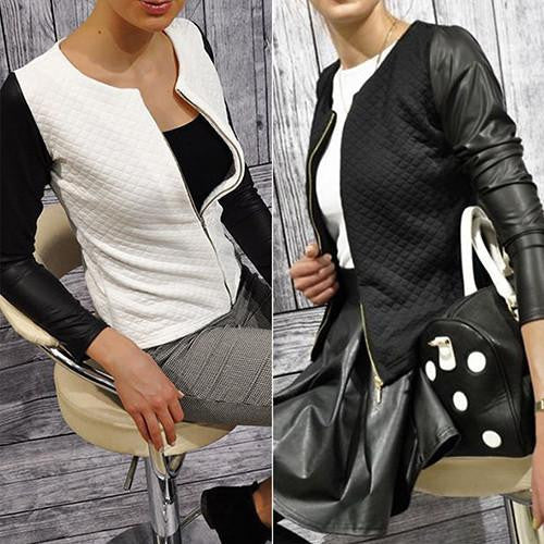 Women's Fashion Casual Faux Leather Splicing Zipper Long Sleeve Jacket Coat