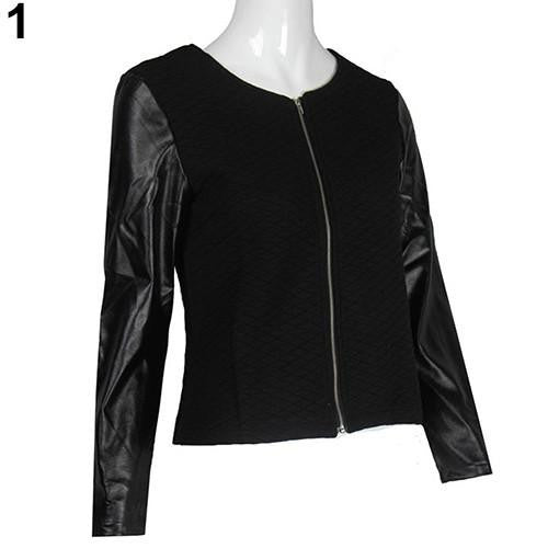 Women's Fashion Casual Faux Leather Splicing Zipper Long Sleeve Jacket Coat