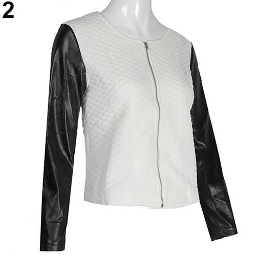 Women's Fashion Casual Faux Leather Splicing Zipper Long Sleeve Jacket Coat