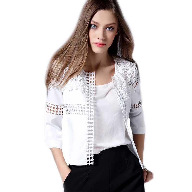 Women office work Floral Lace Patchwork 3/4 Sleeve Solid Casual Women Jackets Tops Cardigan Blouses