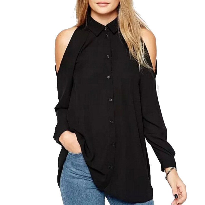 Fashion Women Long Sleeve Turn-Down Collar Off Shoulder Blouse Casual Chiffon Long Shirts