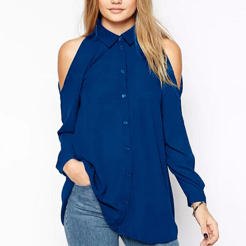 Fashion Women Long Sleeve Turn-Down Collar Off Shoulder Blouse Casual Chiffon Long Shirts