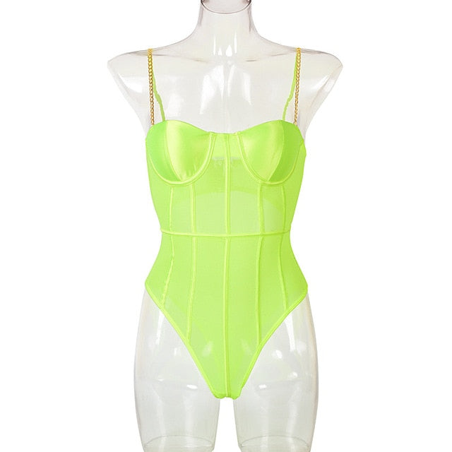 Neon Green Mesh Transparent BodySuit Backless Striped Sleeveless Overalls Party Fashion Spaghelti Strap Rompers New