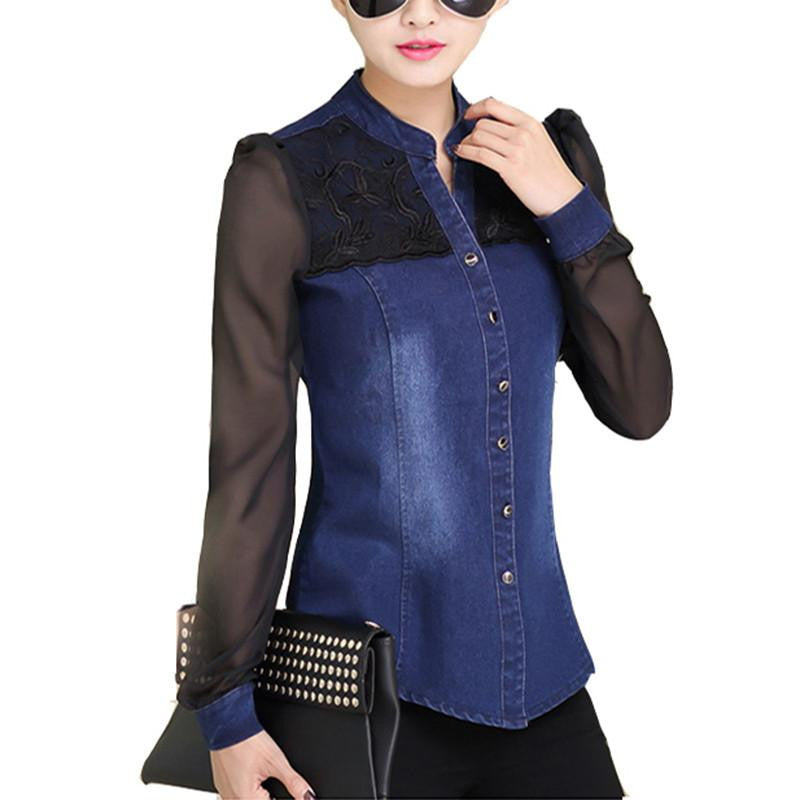 Womens Tops Fashion Style Women Denim Shirt Top Body Jeans Shirts With Long Sleeves Jeans Blouse