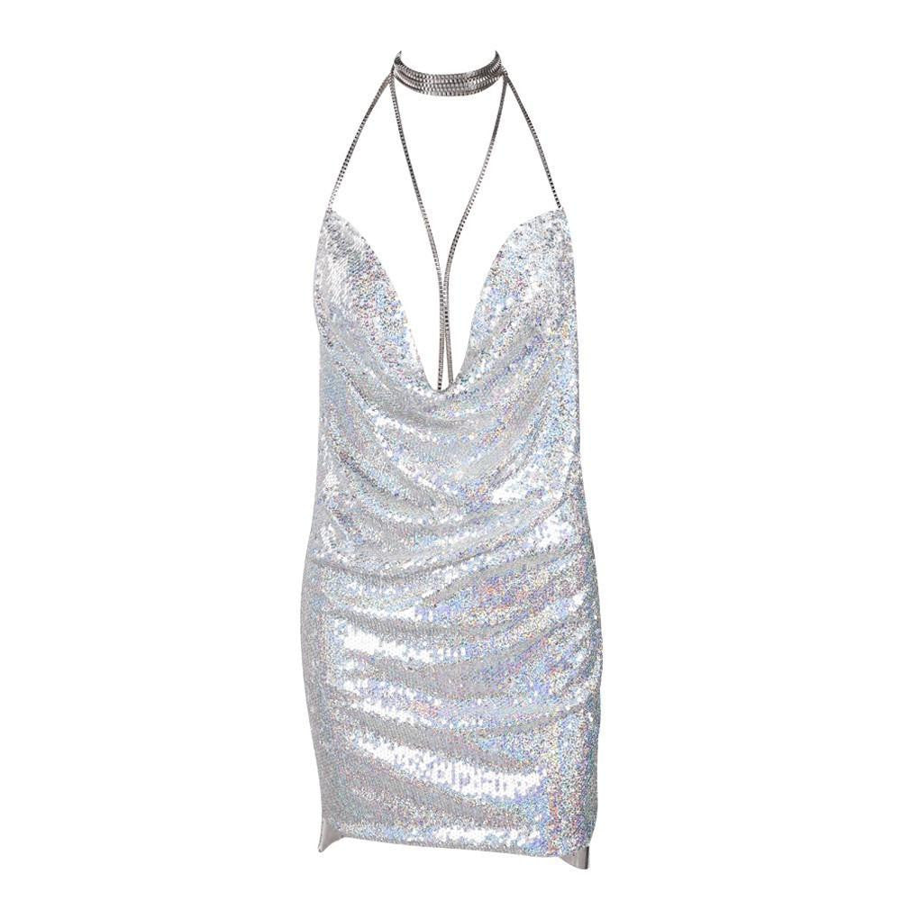 sleeveless Deep-V halter split sequin dress backless metal Christmas party dress FT4928